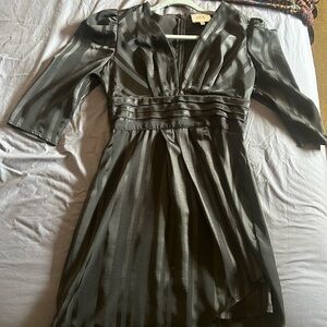 Just One Answer Satin Black Asymmetrical V Neck Dress. Size Small.